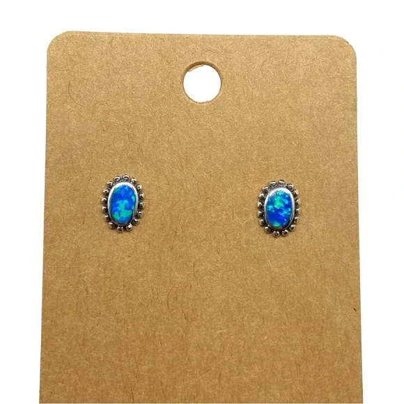 Blue Fire Opal Stud Earrings Solid Sterling Silver 925 Dainty Stone Boho Jewelry - Picture 1 of 7